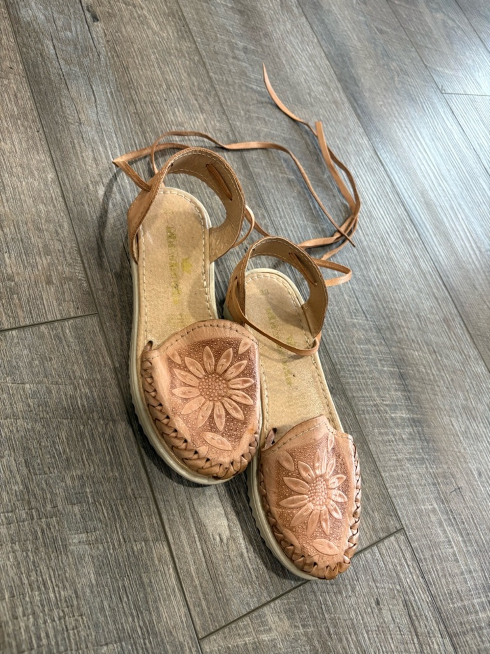 Women’s Tan Leather Espadrille Sandals with Floral Tooled Detail